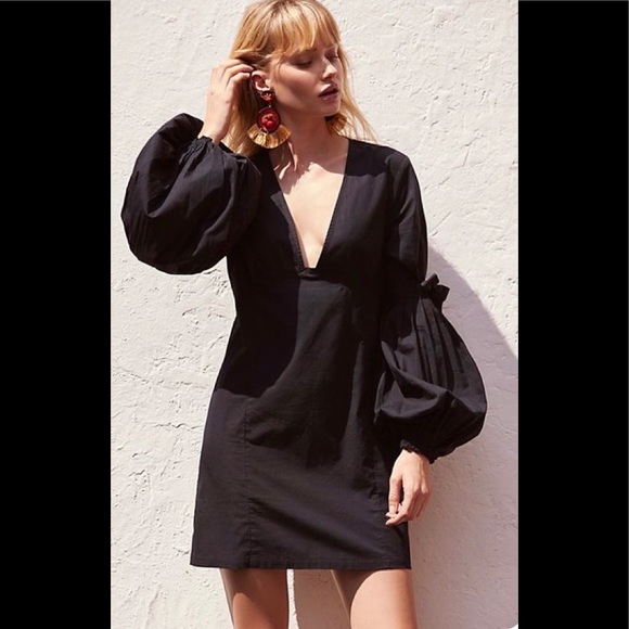 Free People Dresses & Skirts - Free People Making A Statement Black Mini Cocktail Dress Pleated Puff Sleeve